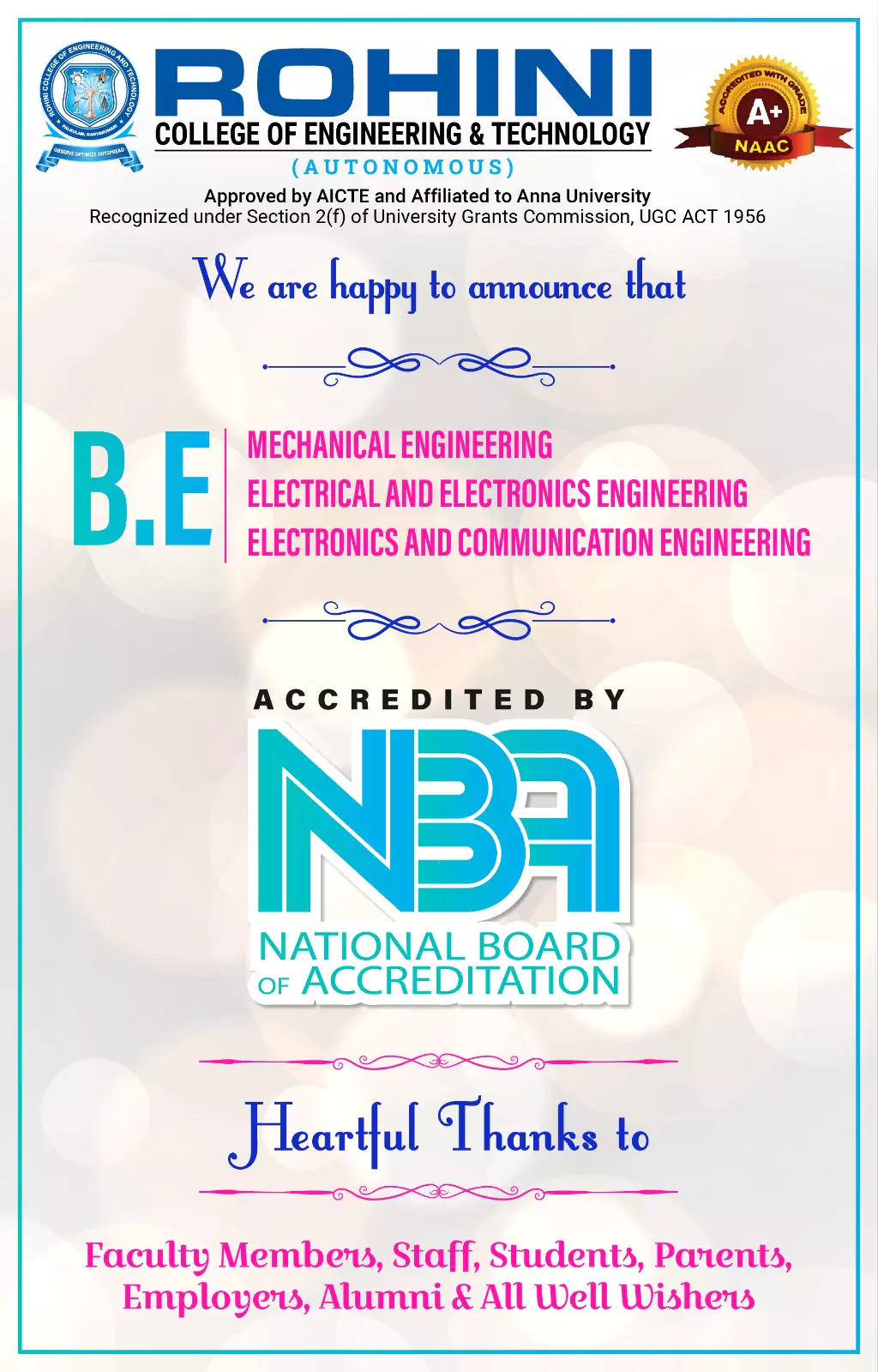 RCET Joins NBA Accredited Colleges in Kanyakumari: BE Programs in ECE, EEE, and Mechanical Engineering Accredited (2024-2027)