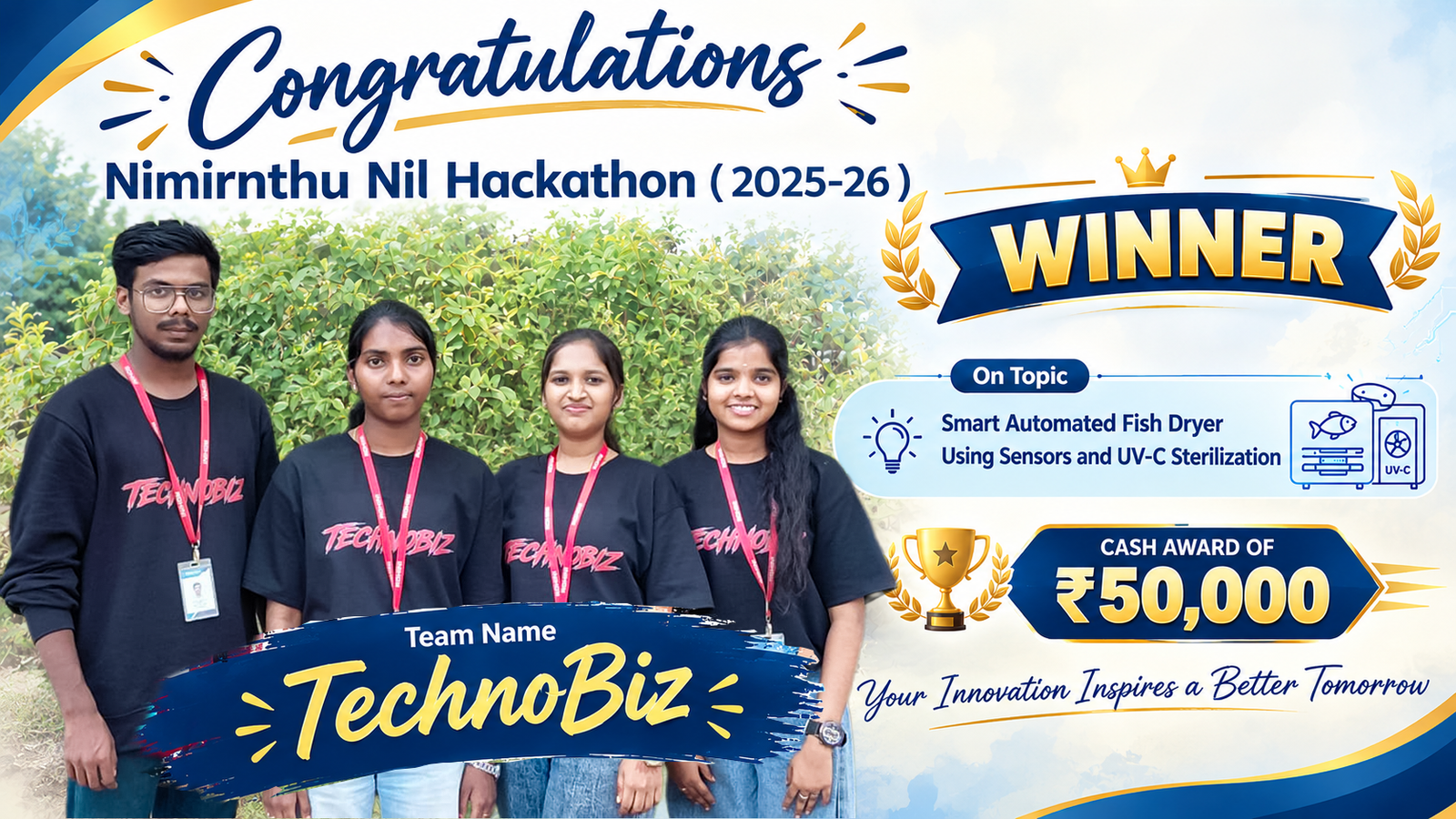 RCET STUDENTS EMERGE AS WINNERS AT NIMIRNTHU NIL HACKATHON 2025–26